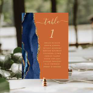 Navy Blue Gold Agate Burnt Orange Wedding Table Number
