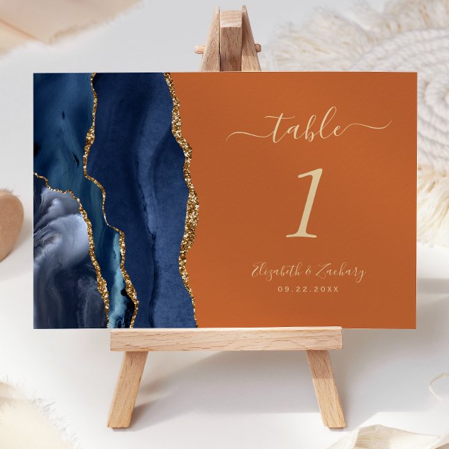 Navy Blue Gold Agate Burnt Orange Wedding Table Number (Creator Uploaded)
