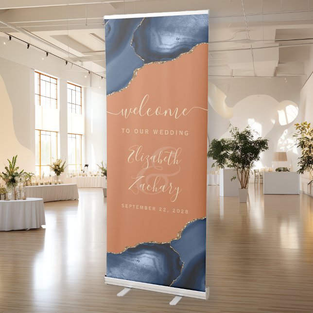 Navy Blue Gold Agate Burnt Orange Wedding Welcome Retractable Banner (Creator Uploaded)