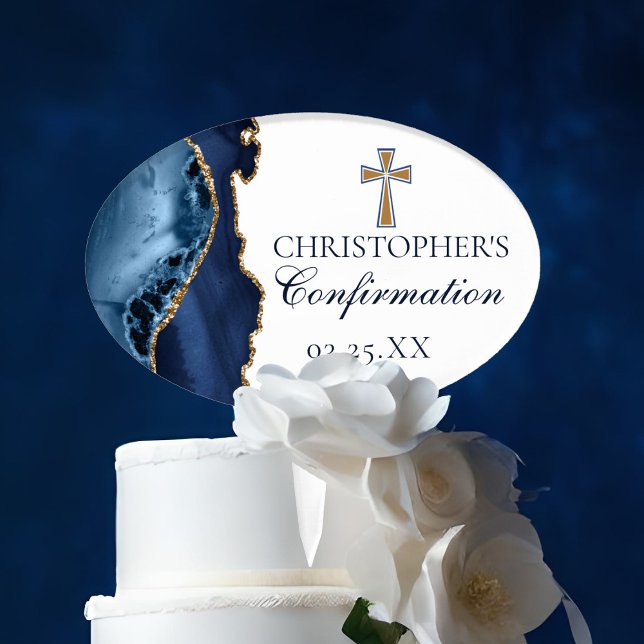 Navy Blue Gold Agate Confirmation Party Cake Topper (Creator Uploaded)