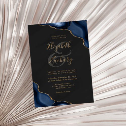 Navy Blue Gold Agate Corners Dark Wedding Invitation