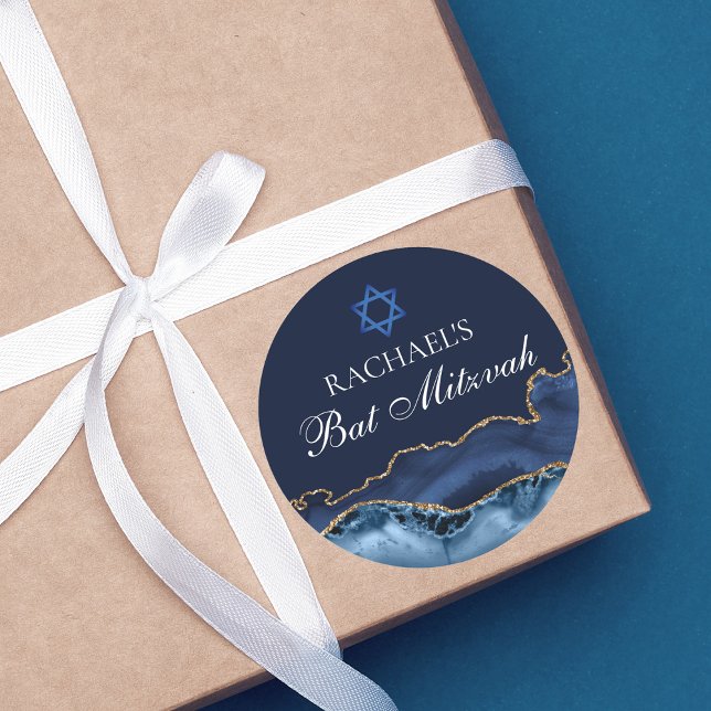 Navy Blue Gold Agate Custom Bat Mitzvah Party Classic Round Sticker (Creator Uploaded)