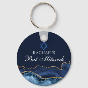 Navy Blue Gold Agate Custom Bat Mitzvah Party Keychain