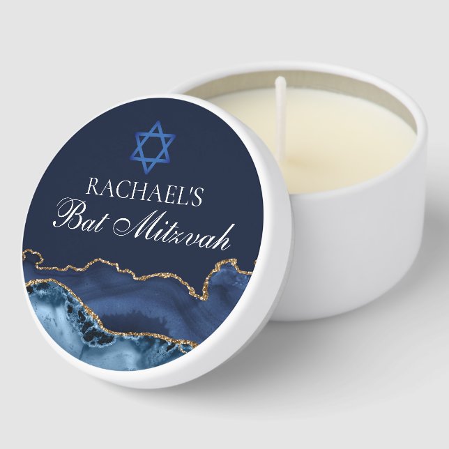 Navy Blue Gold Agate Custom Bat Mitzvah Party Mini Candle Favors (Corner)
