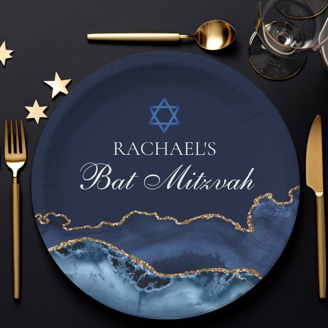 Navy Blue Gold Agate Custom Bat Mitzvah Party Paper Plates (Creator Uploaded)