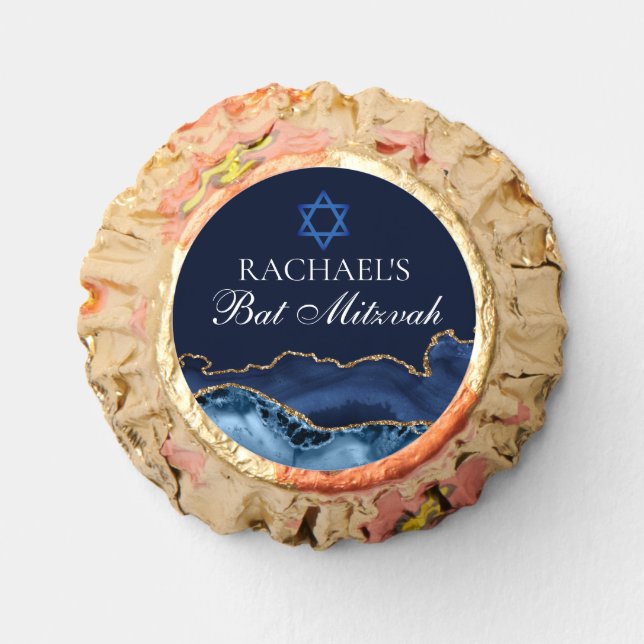 Navy Blue Gold Agate Custom Bat Mitzvah Party Reese's Peanut Butter Cups (Front)