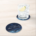 Navy Blue Gold Agate Custom Bat Mitzvah Party Round Paper Coaster<br><div class="desc">Elegant navy blue and gold agate decorates the side of this modern Bat Mitzvah party paper coaster. Your daughter's name is written in beautiful formal script under the Star of David. Perfect for a chic,  stylish Jewish family celebrating their girl  being called to the Torah.</div>