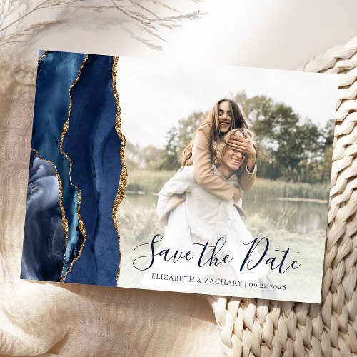 Navy Blue Gold Agate Custom Photo Save the Date Postcard