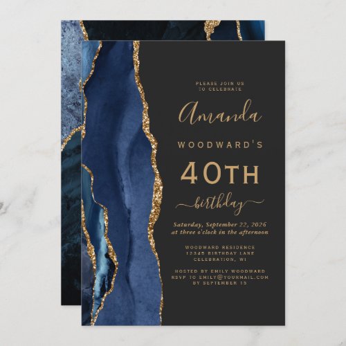 Navy Blue Gold Agate Dark 40th Birthday Party Invitation