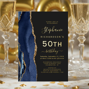 Navy Blue Gold Agate Dark 50th Birthday Party Foil Invitation