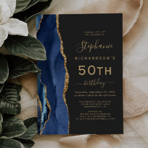 Navy Blue Gold Agate Dark 50th Birthday Party Invitation