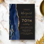 Navy Blue Gold Agate Dark 70th Birthday Party Invitation<br><div class="desc">The left-hand edge of this elegant modern birthday party invitation features a navy blue watercolor agate border trimmed with gold faux glitter. The customizable text combines gold-colored handwriting,  copperplate and italic fonts on a slate black background. The reverse side features a matching blue and gold agate design.</div>