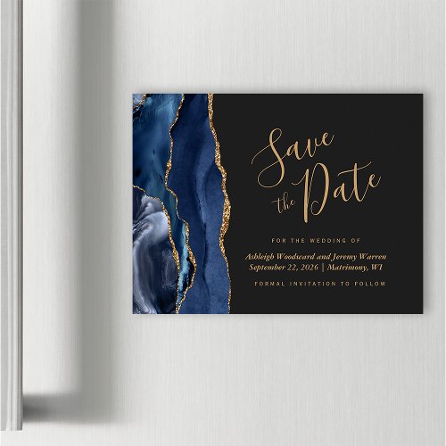 Navy Blue Gold Agate Dark Magnetic Save the Date