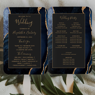 Navy Blue Gold Agate Dark Wedding Program Hand Fan