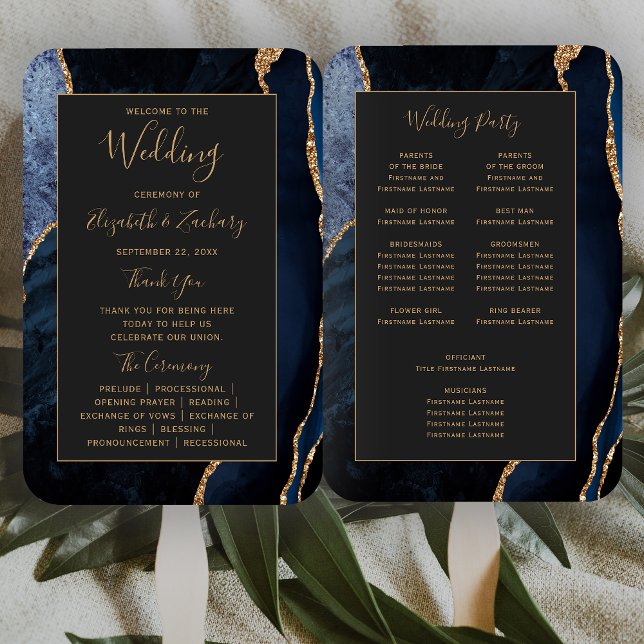 Navy Blue Gold Agate Dark Wedding Program Hand Fan (Creator Uploaded)