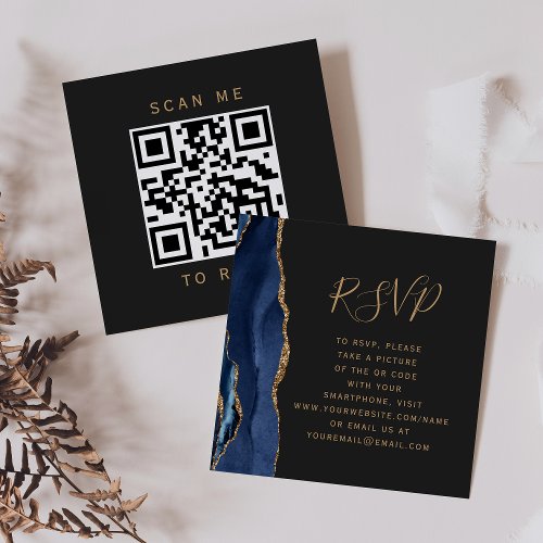 Navy Blue Gold Agate Dark Wedding QR Code RSVP Enclosure Card