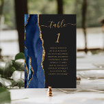 Navy Blue Gold Agate Dark Wedding Table Number<br><div class="desc">The left-hand edge of this elegant modern wedding table number card features a navy blue watercolor agate border trimmed with faux gold glitter. The word "table" appears in gold-colored handwriting script on an off-black background. Add the names of your guests who are assigned to each table.</div>