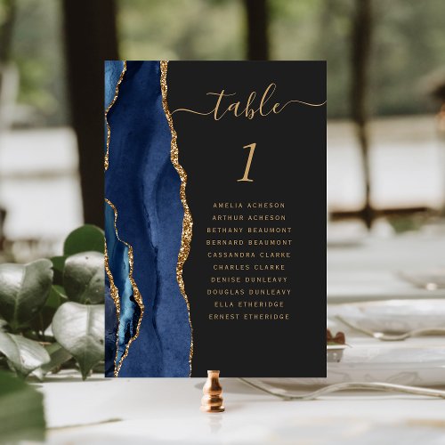 Navy Blue Gold Agate Dark Wedding Table Number