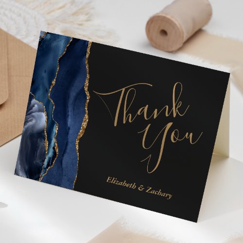 Navy Blue Gold Agate Dark Wedding Thank You Card