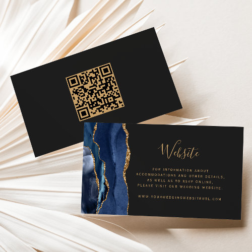 Navy Blue Gold Agate Dark Wedding Website QR Code Enclosure Card