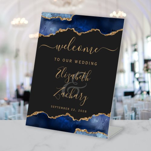 Navy Blue Gold Agate Dark Wedding Welcome Pedestal Sign