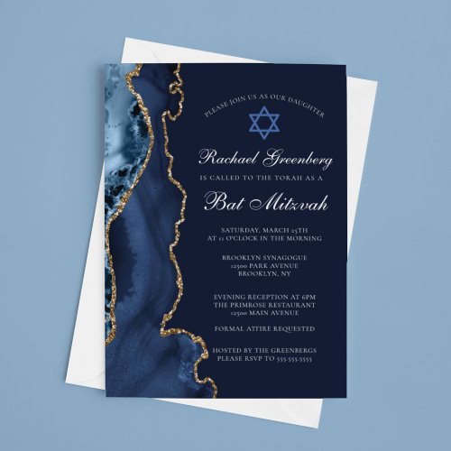 Navy Blue Gold Agate Elegant Bat Mitzvah Party Invitation