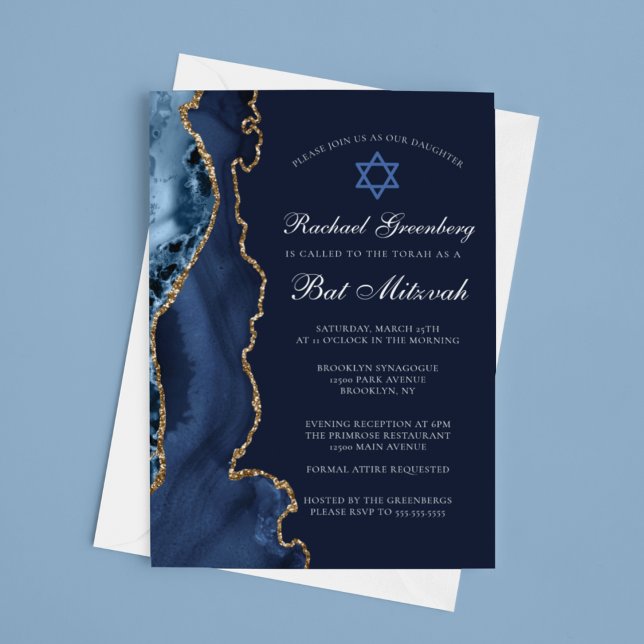 Navy Blue Gold Agate Elegant Bat Mitzvah Party Invitation (Creator Uploaded)