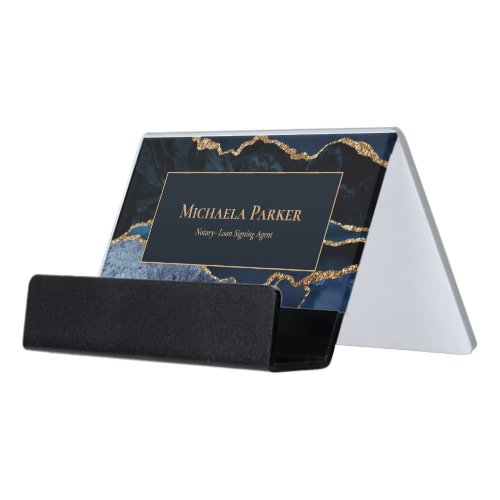 Navy Blue Gold Agate Elegant Modern Desk Business Card Holder