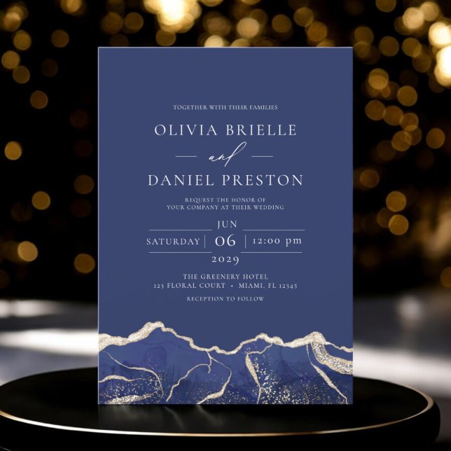 Navy Blue Gold Agate Elegant Modern Wedding Invitation (Creator Uploaded)