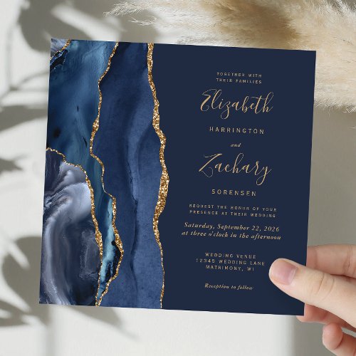 Navy Blue Gold Agate Elegant Square Wedding Invitation