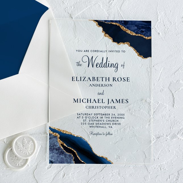 Navy Blue Gold Agate Elegant Wedding Acrylic Invitations (Creator Uploaded)