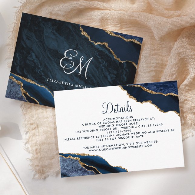 Navy Blue Gold Agate Elegant Wedding Details Enclosure Card (Creator Uploaded)