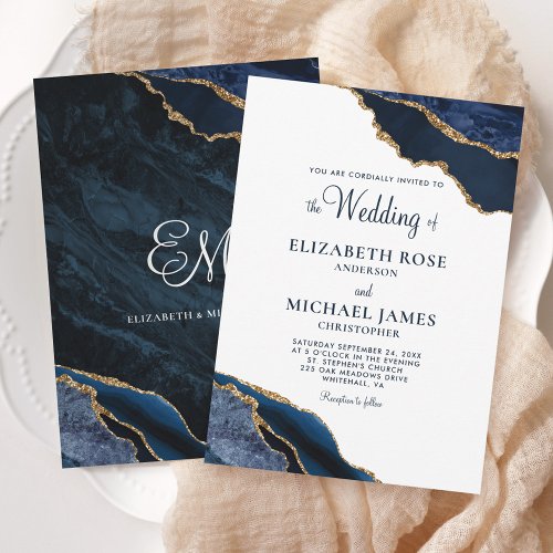 Navy Blue Gold Agate Elegant Wedding Invitation