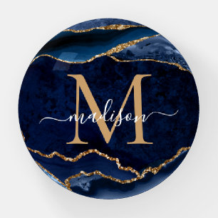 Navy Blue Gold Agate Feminine Script Monogram Paperweight