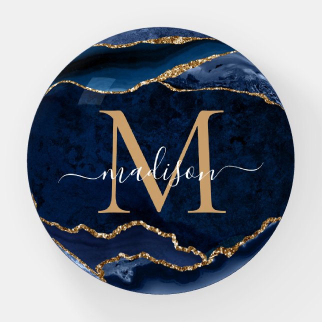 Navy Blue Gold Agate Feminine Script Monogram Paperweight (Front)