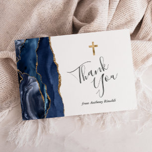 Navy Blue Gold Agate First Communion Thank You Card