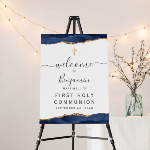 Navy Blue Gold Agate First Communion Welcome Foam Board