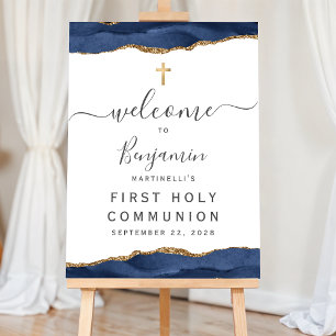 Navy Blue Gold Agate First Communion Welcome Foam Board