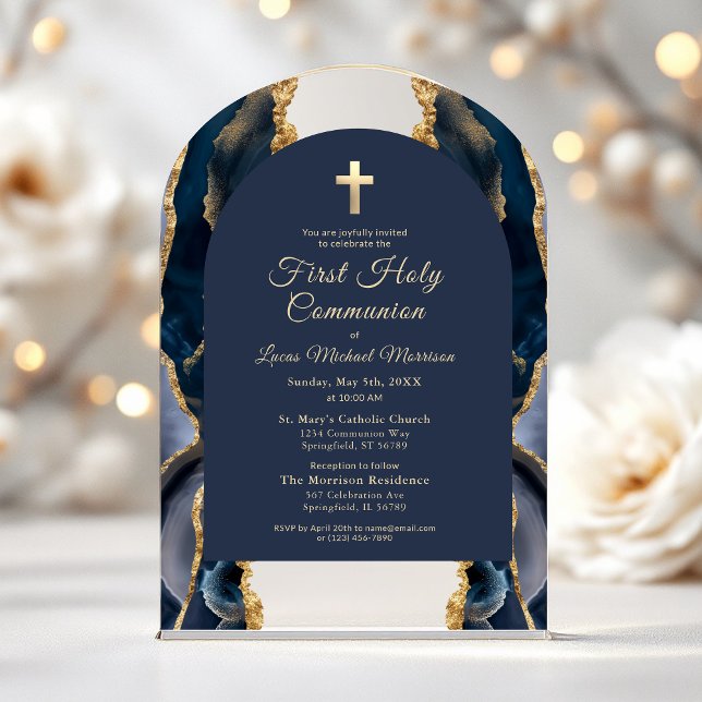 Navy Blue Gold Agate First Holy Communion Acrylic Invitations (Creator Uploaded)