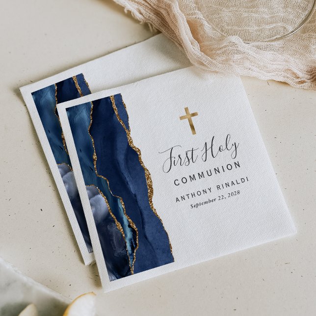 Navy Blue Gold Agate First Holy Communion Napkins (Creator Uploaded)