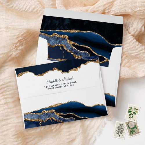Navy Blue Gold Agate Gemstone Marble Wedding Envelope