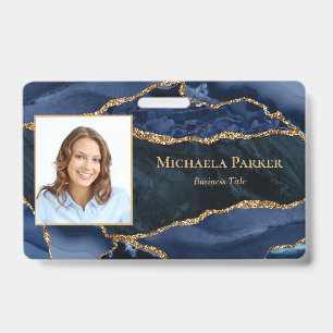 Navy Blue Gold Agate Geode Business Photo Badge