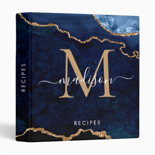 Navy Blue Gold Agate Geode Chic Script Name Recipe 3 Ring Binder