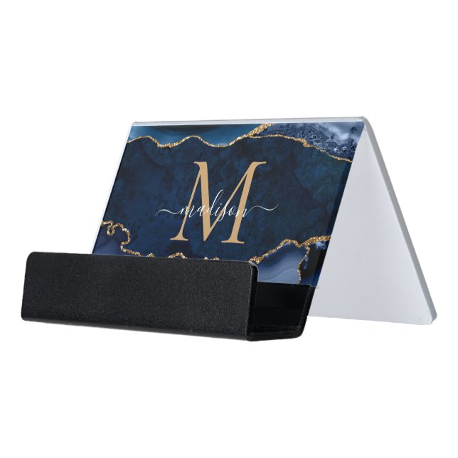 Navy Blue Gold Agate Geode Girly Script Monogram Desk Business Card Holder (Angled Front)