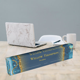 Navy Blue & Gold Agate Geode Glitter Elegant Desk Name Plate