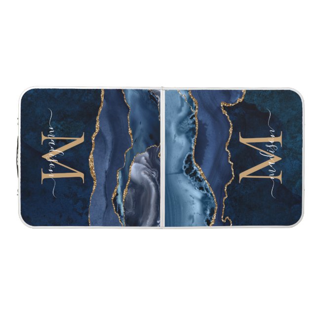 Navy Blue Gold Agate Geode Glitter Glam Monogram Beer Pong Table (Top)