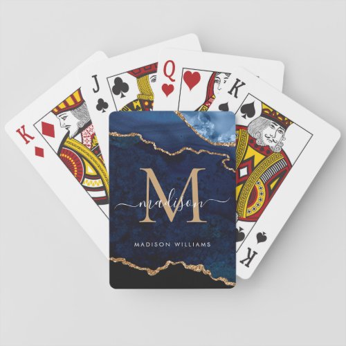 Navy Blue Gold Agate Geode Glitter Monogram Poker Cards