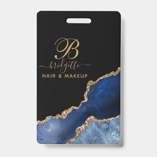 Navy Blue Gold Agate Geode Makeup Artist Monogram Badge (Front)