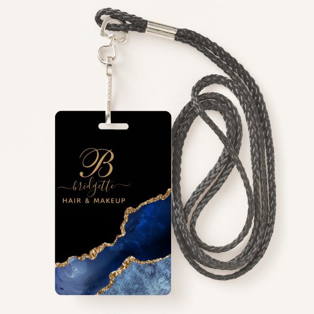 Navy Blue Gold Agate Geode Makeup Artist Monogram Badge (Back with Lanyard)