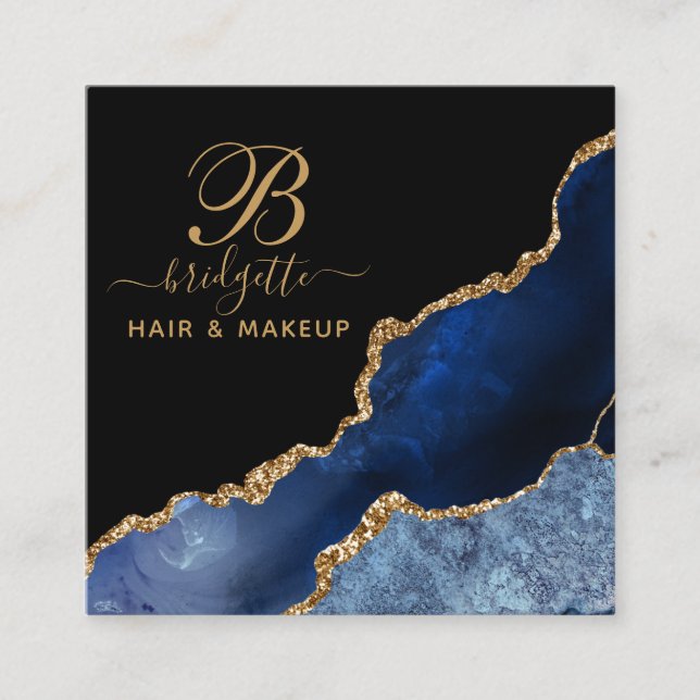 Navy Blue Gold Agate Geode Makeup Artist Monogram Square Business Card (Front)